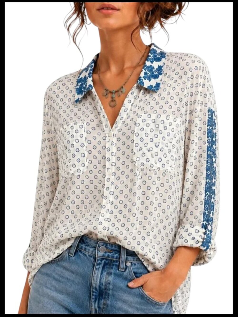 Free People Easy Rider Blouse White Blue Floral Button Down S